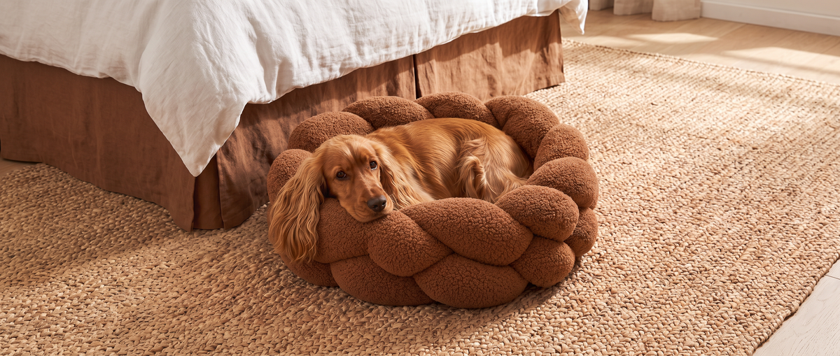 Cocker Spaniel sleeping in chestnut coloured luxury dog Hersh Bed 