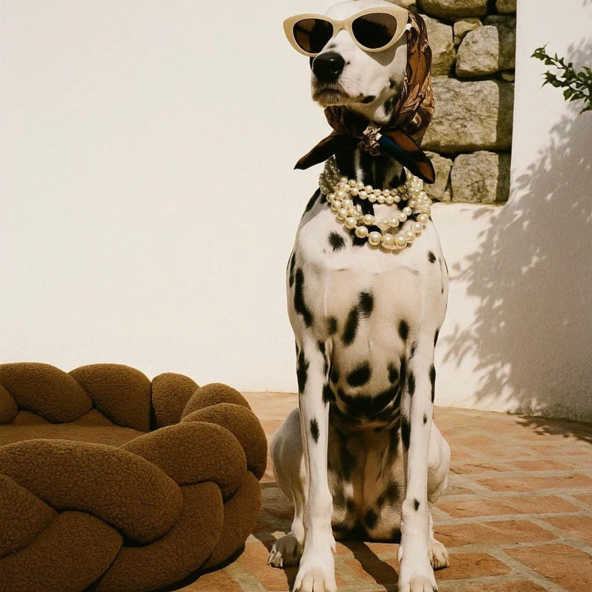 Dalmatian wearing sunglasses beside The Hersh Bed braided dog bed in Olive Teddy