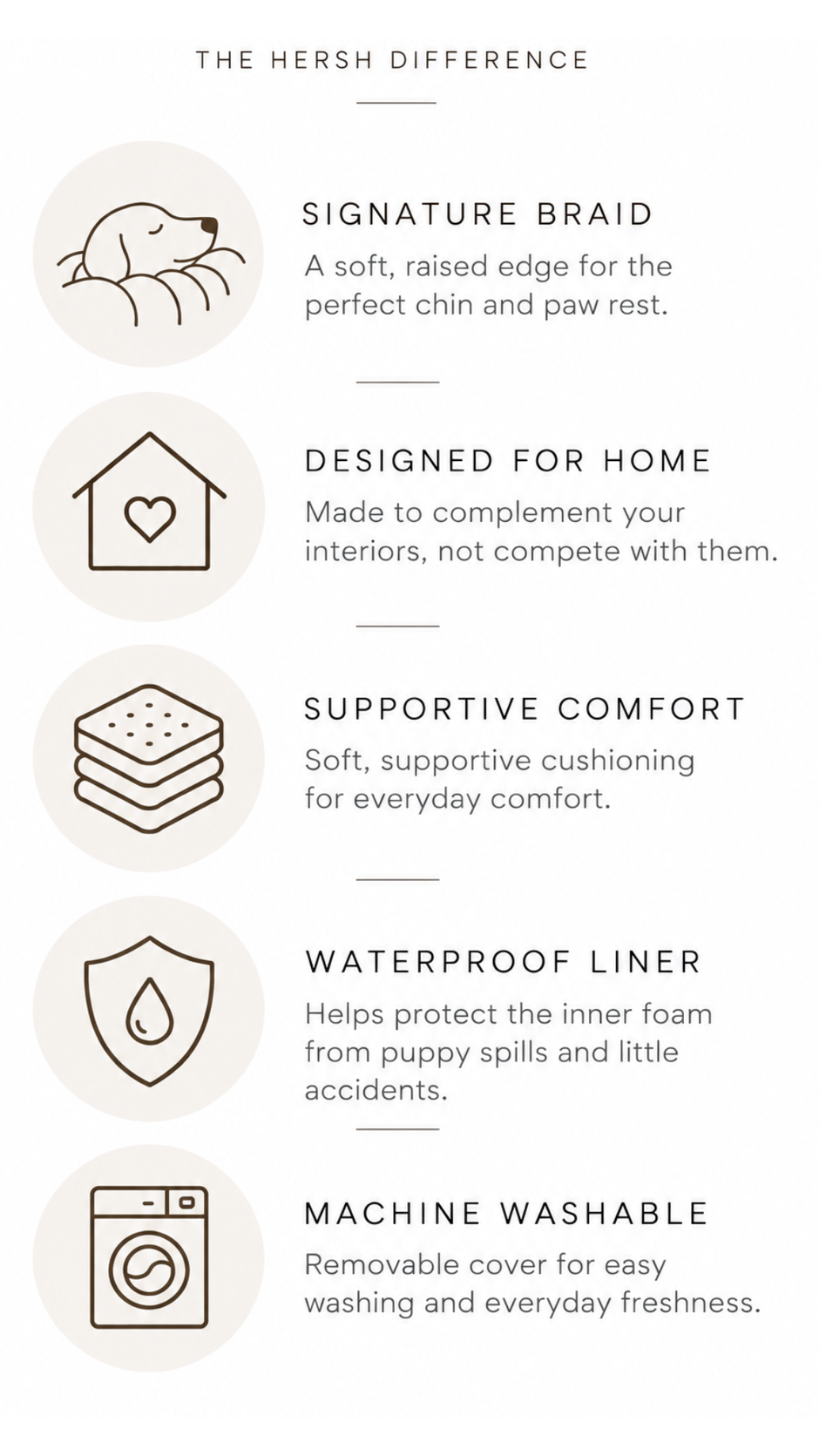 The Hersh luxury dog bed featuring a signature braided edge, supportive cushioning, waterproof liner and machine washable cover
