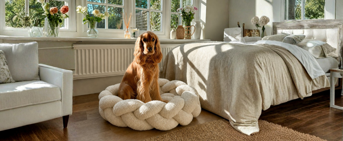 Cocker Spaniel sitting in The Hersh Bed Oatmeal Teddy designer dog bed in a living room