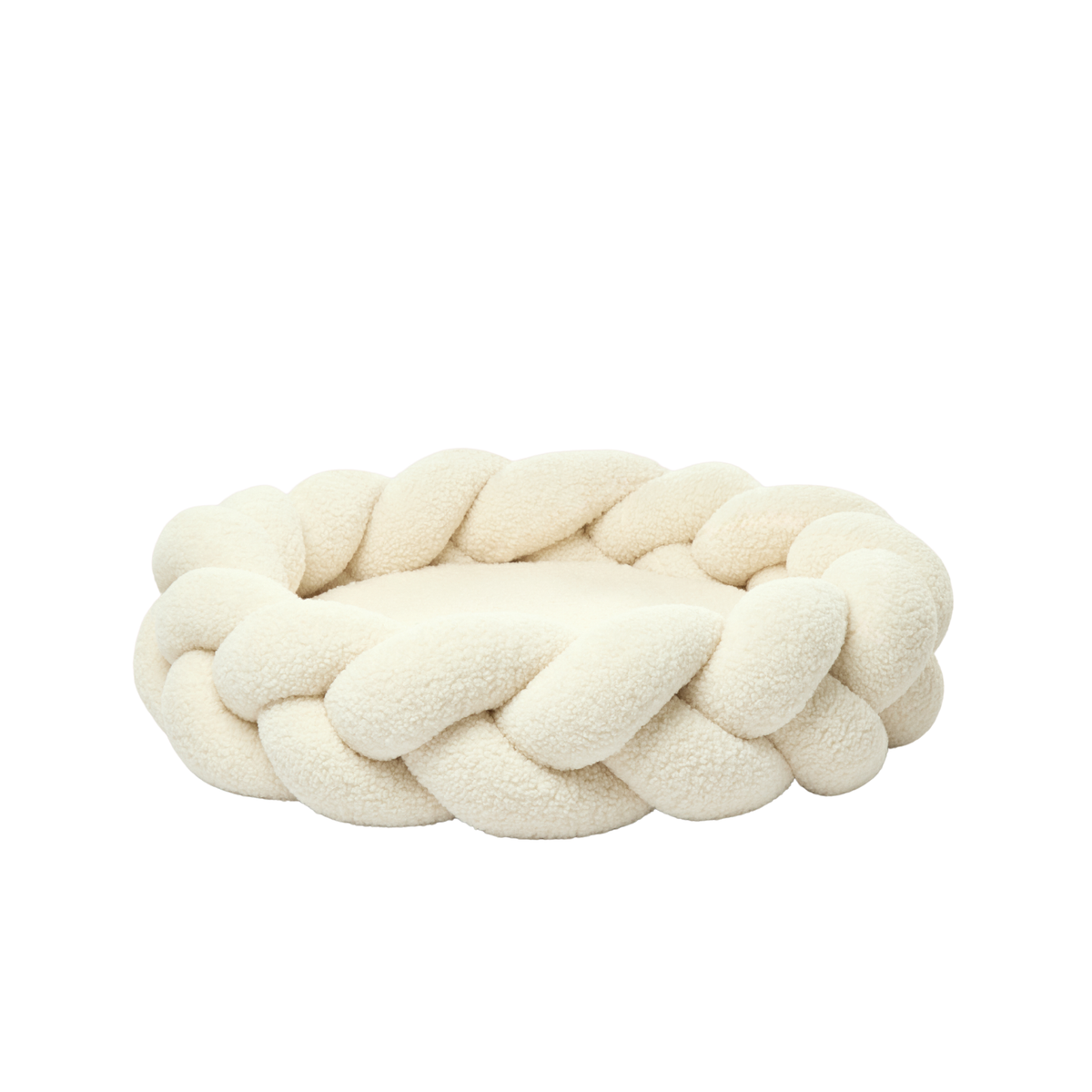 The Hersh Bed luxury braided dog bed in Oatmeal Teddy on a white background