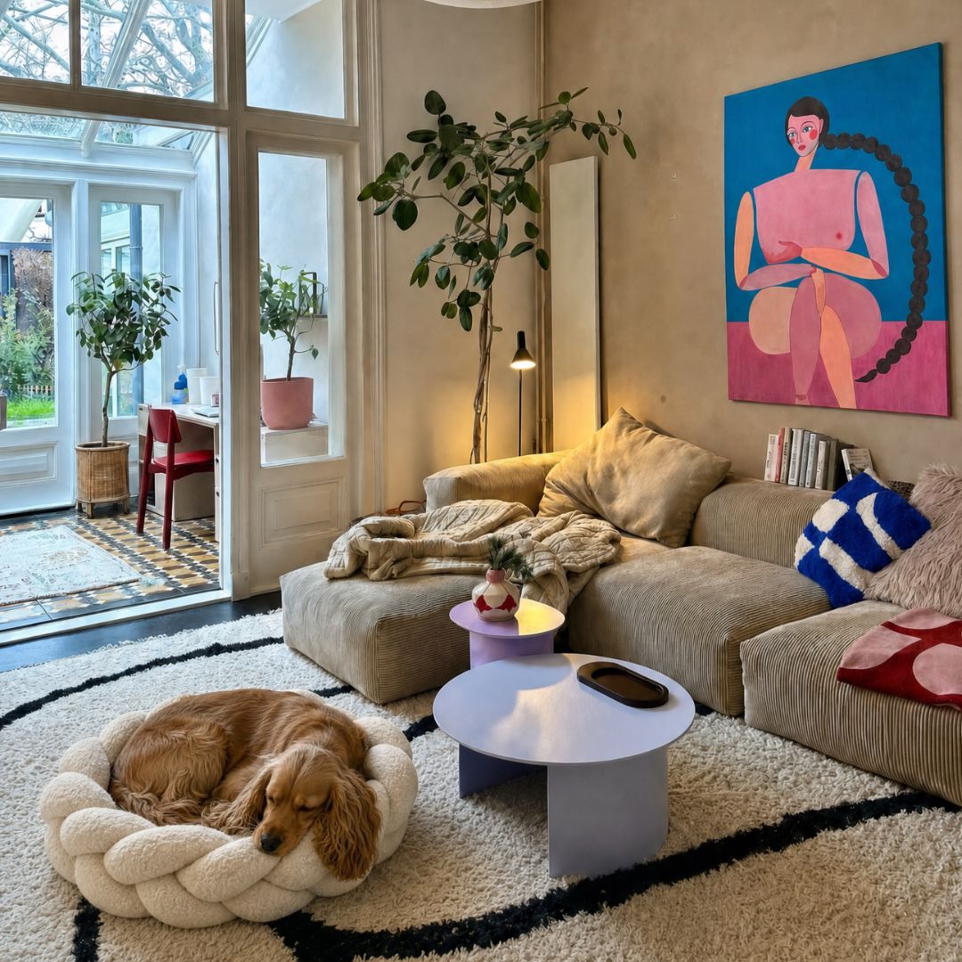 Cocker Spaniel sleeping in The Hersh Bed Oatmeal Teddy stylish dog bed in a modern living room.