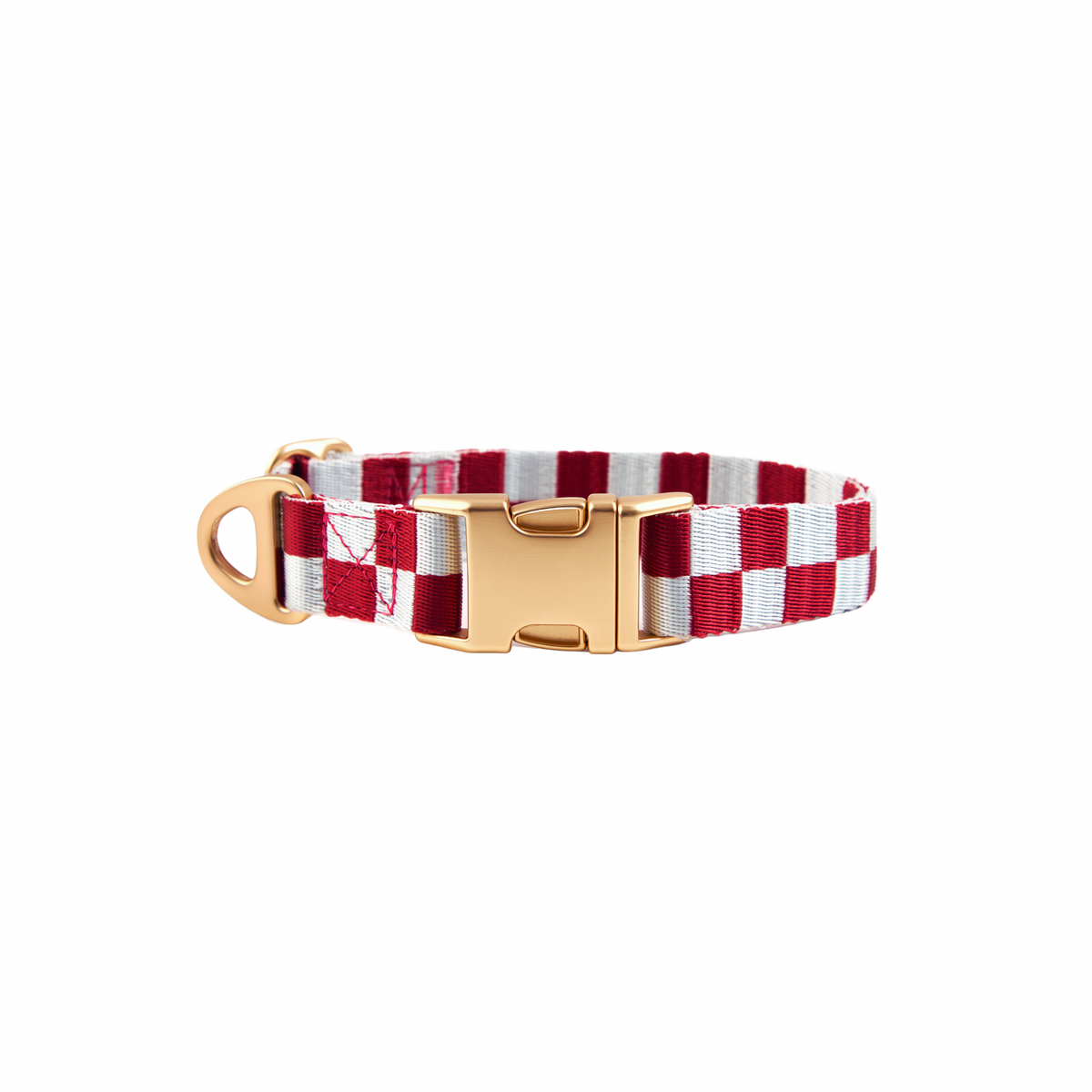 The Hersh Bed burgundy and white check designer dog collar with gold buckle  on a white background